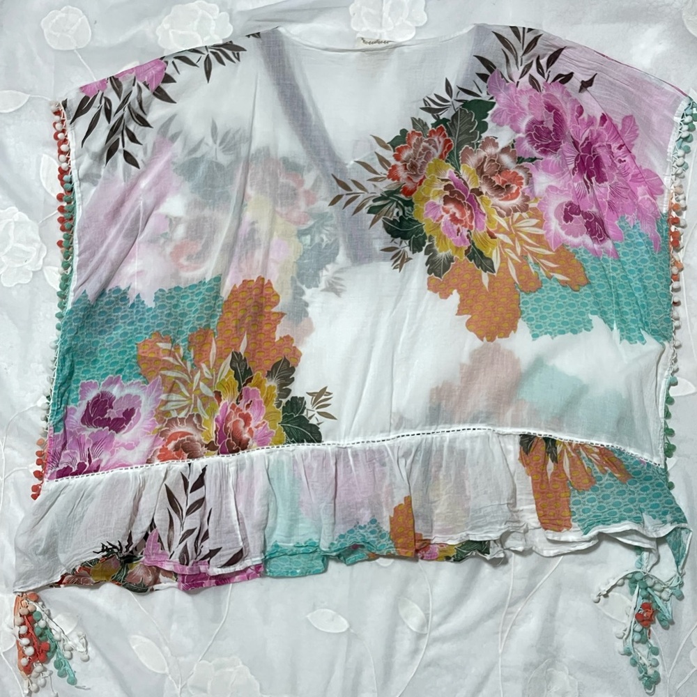 Z&L Floral Lace-Up Pom Pom Swim Caftan Coverup - White with Pink & Mint - Picture 10 of 14